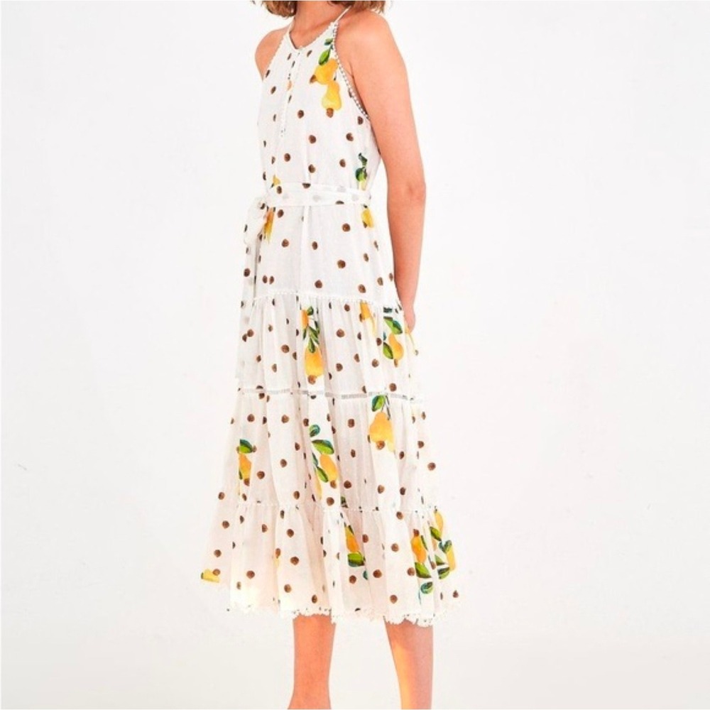 Farm Rio Women XS White Lemon Polka Dot Tiered Halter Maxi Dress Vacation Picnic - Picture 2 of 16